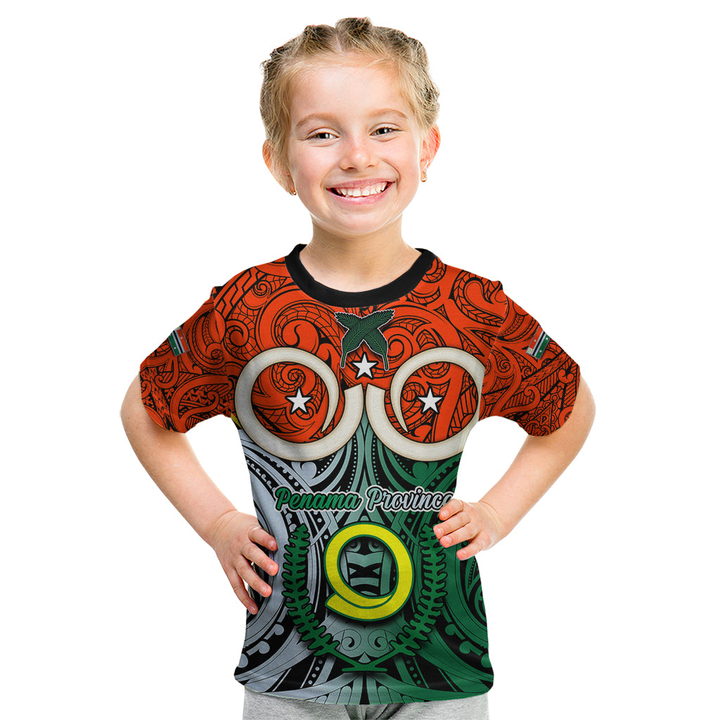Vanuatu Penama Province Kid T Shirt Pig Tusk Mix Maori Pattern and Namele Leaf LT03 Orange - Polynesian Pride