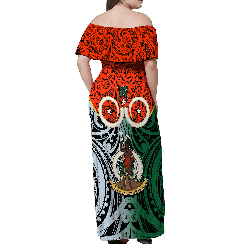 Vanuatu Penama Province Off Shoulder Maxi Dress Pig Tusk Mix Maori Pattern and Namele Leaf LT03 - Polynesian Pride