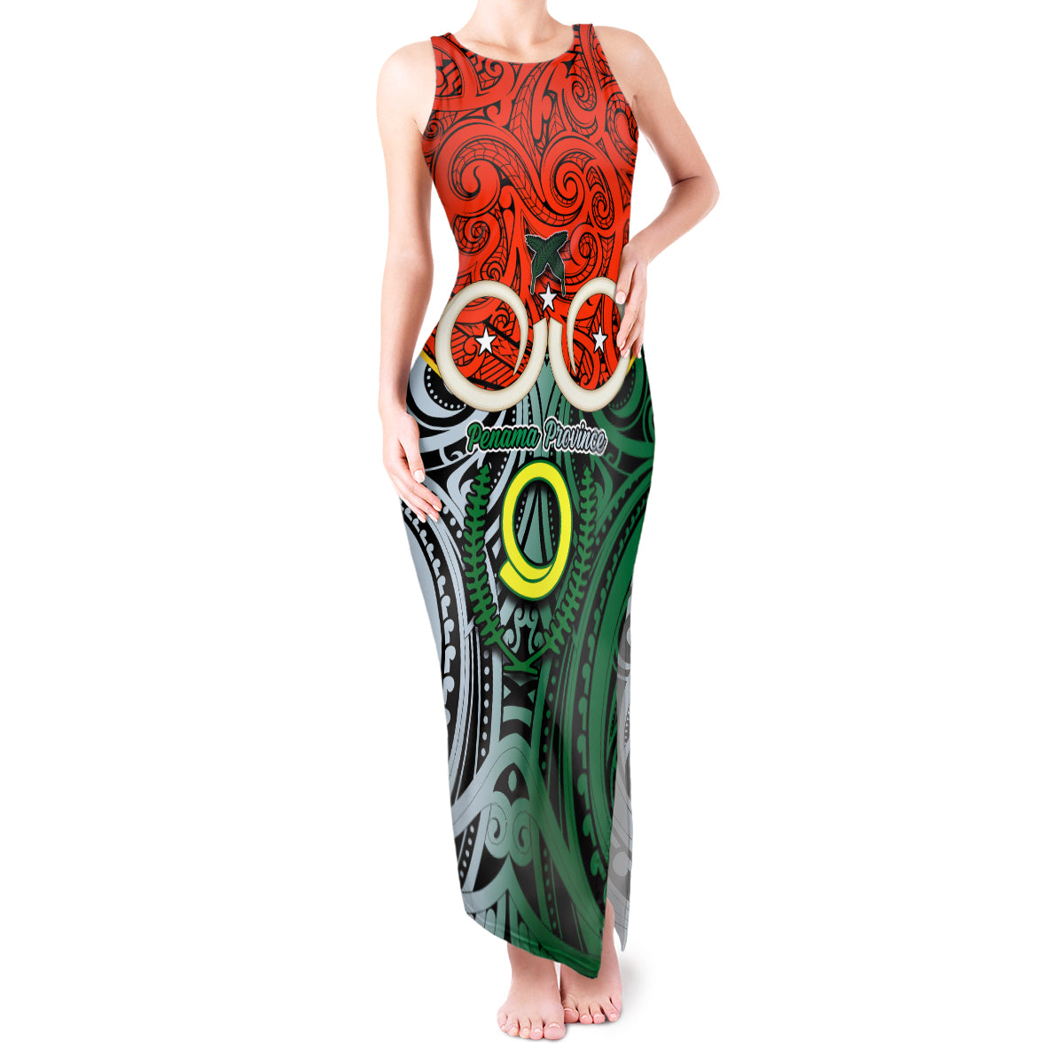 Vanuatu Penama Province Tank Maxi Dress Pig Tusk Mix Maori Pattern and Namele Leaf LT03 Women Orange - Polynesian Pride