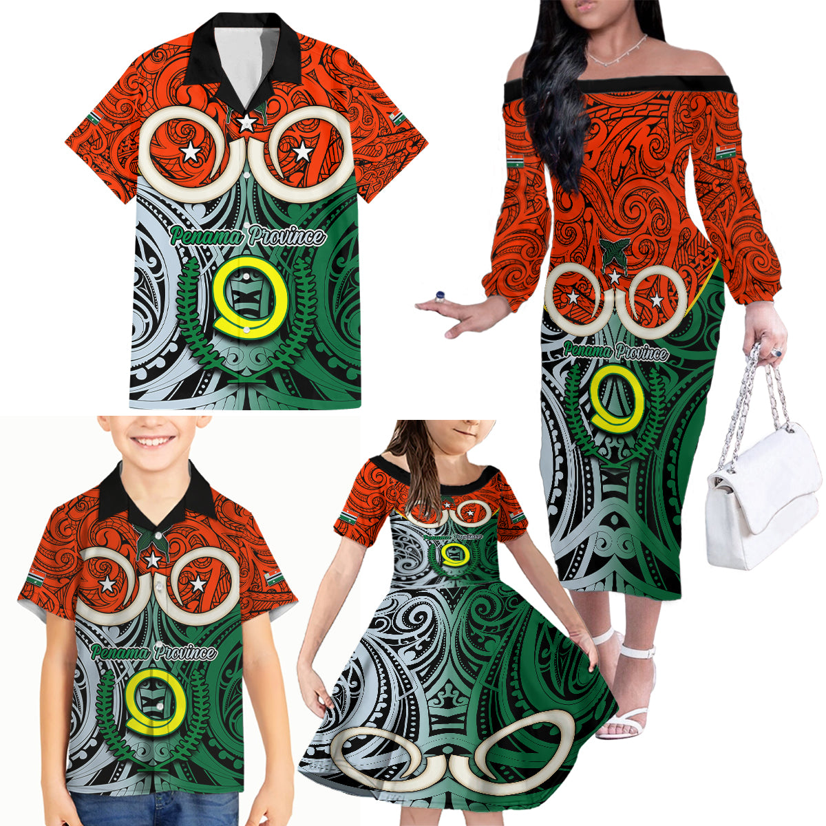 Personalised Vanuatu Penama Province Family Matching Off Shoulder Long Sleeve Dress and Hawaiian Shirt Pig Tusk Mix Maori Pattern and Namele Leaf LT03 - Polynesian Pride