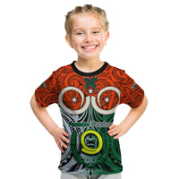 Personalised Vanuatu Penama Province Kid T Shirt Pig Tusk Mix Maori Pattern and Namele Leaf LT03 Orange - Polynesian Pride