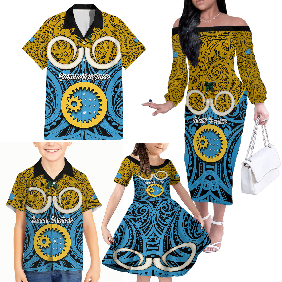 Vanuatu Sanma Province Family Matching Off Shoulder Long Sleeve Dress and Hawaiian Shirt Pig Tusk Mix Maori Pattern and Namele Leaf LT03 - Polynesian Pride