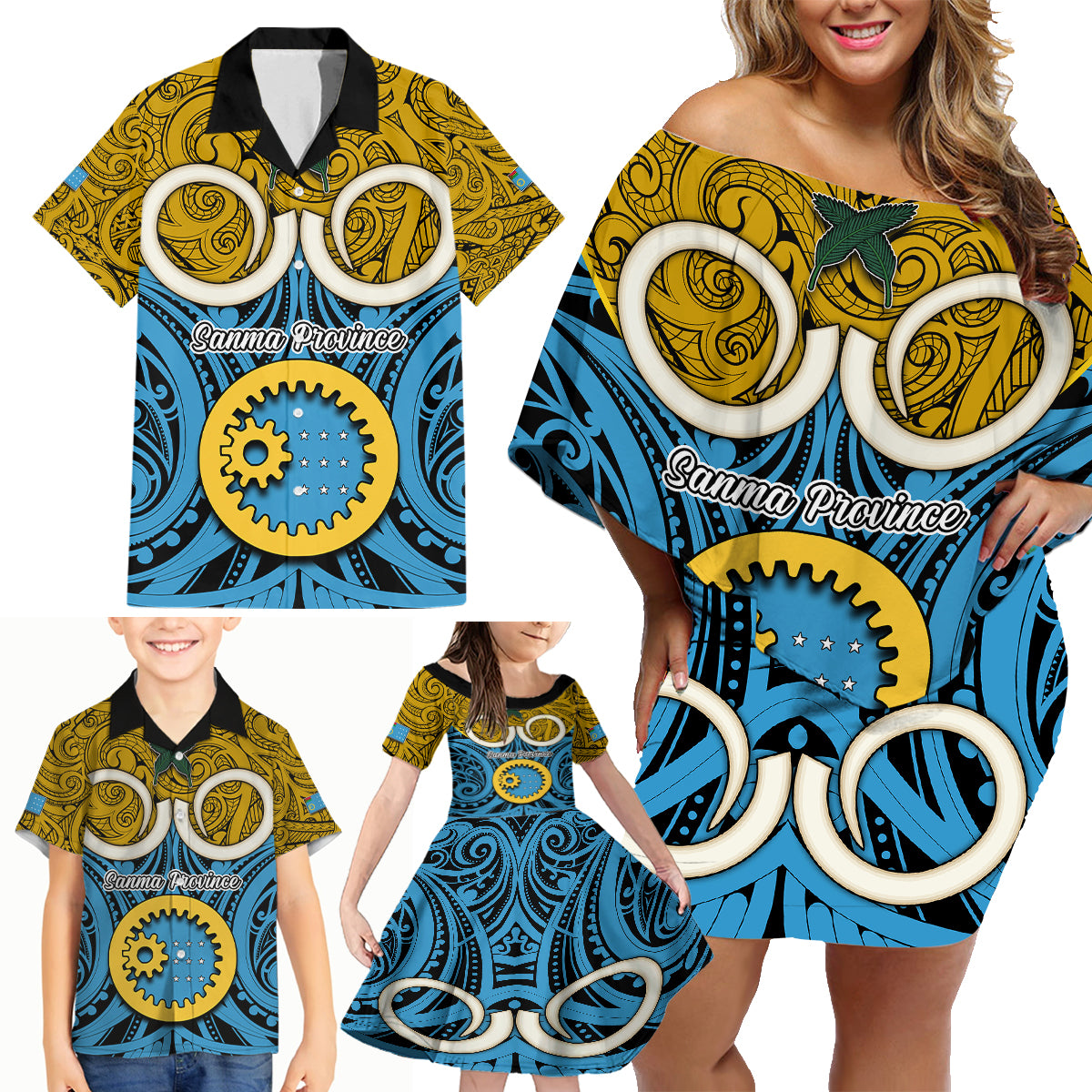 Vanuatu Sanma Province Family Matching Off Shoulder Short Dress and Hawaiian Shirt Pig Tusk Mix Maori Pattern and Namele Leaf LT03 - Polynesian Pride