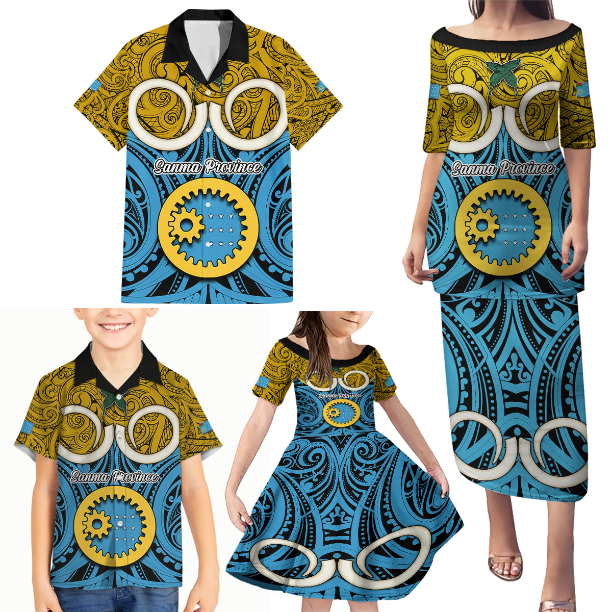 Vanuatu Sanma Province Family Matching Puletasi Dress and Hawaiian Shirt Pig Tusk Mix Maori Pattern and Namele Leaf LT03 - Polynesian Pride