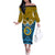 Vanuatu Sanma Province Off The Shoulder Long Sleeve Dress Pig Tusk Mix Maori Pattern and Namele Leaf LT03 Women Blue - Polynesian Pride