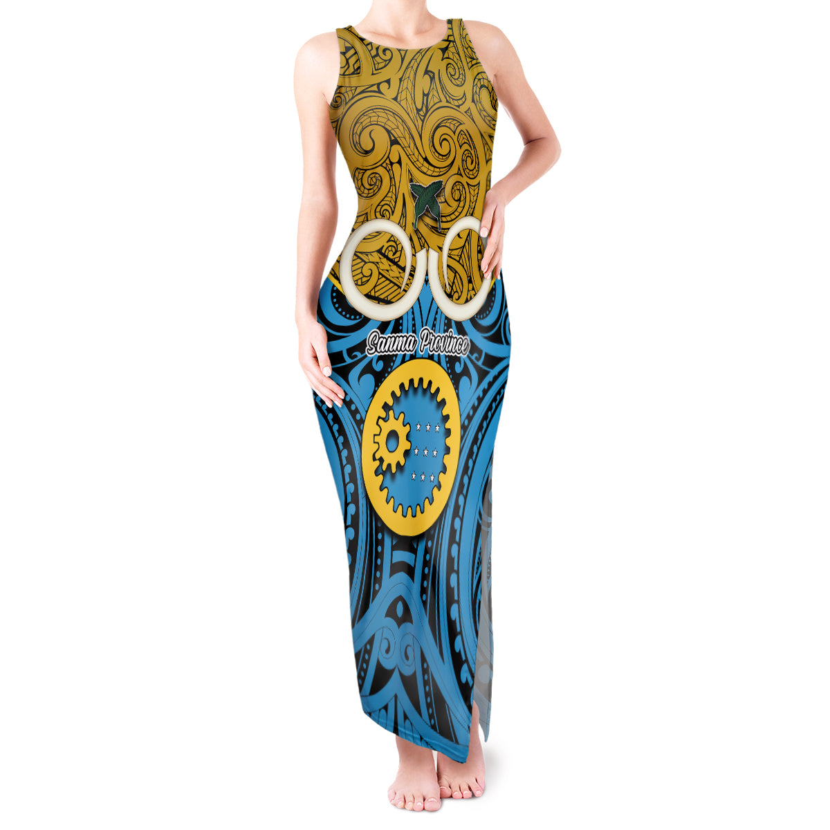 Vanuatu Sanma Province Tank Maxi Dress Pig Tusk Mix Maori Pattern and Namele Leaf LT03 Women Blue - Polynesian Pride