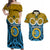 Personalised Vanuatu Sanma Province Couples Matching Off Shoulder Maxi Dress and Hawaiian Shirt Pig Tusk Mix Maori Pattern and Namele Leaf LT03 Blue - Polynesian Pride