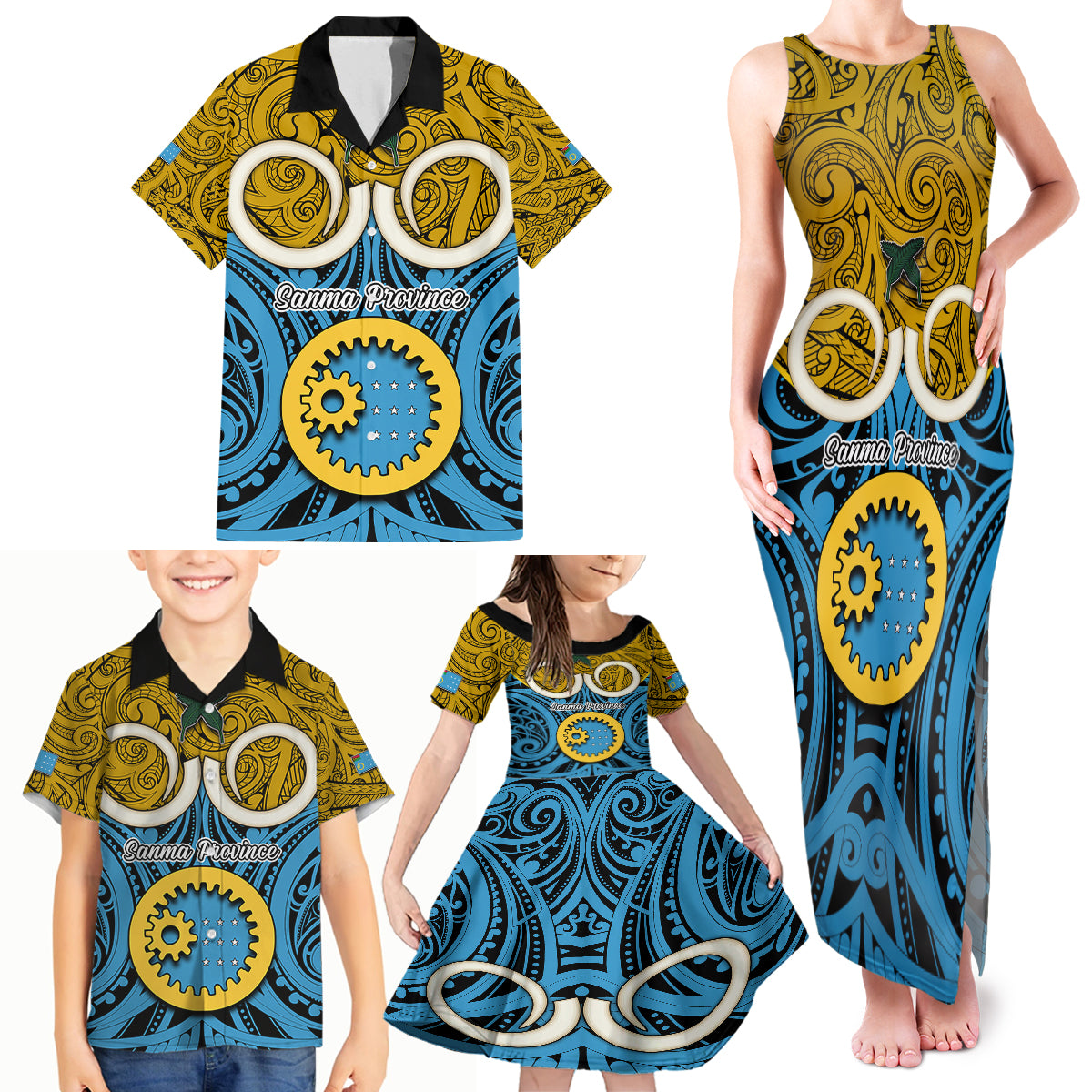 Personalised Vanuatu Sanma Province Family Matching Tank Maxi Dress and Hawaiian Shirt Pig Tusk Mix Maori Pattern and Namele Leaf LT03 - Polynesian Pride