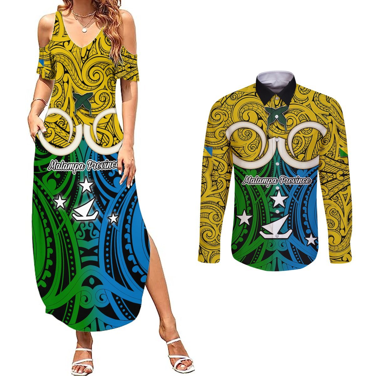 Vanuatu Malampa Province Couples Matching Summer Maxi Dress and Long Sleeve Button Shirts Pig Tusk Mix Maori Pattern and Namele Leaf LT03 Yellow - Polynesian Pride