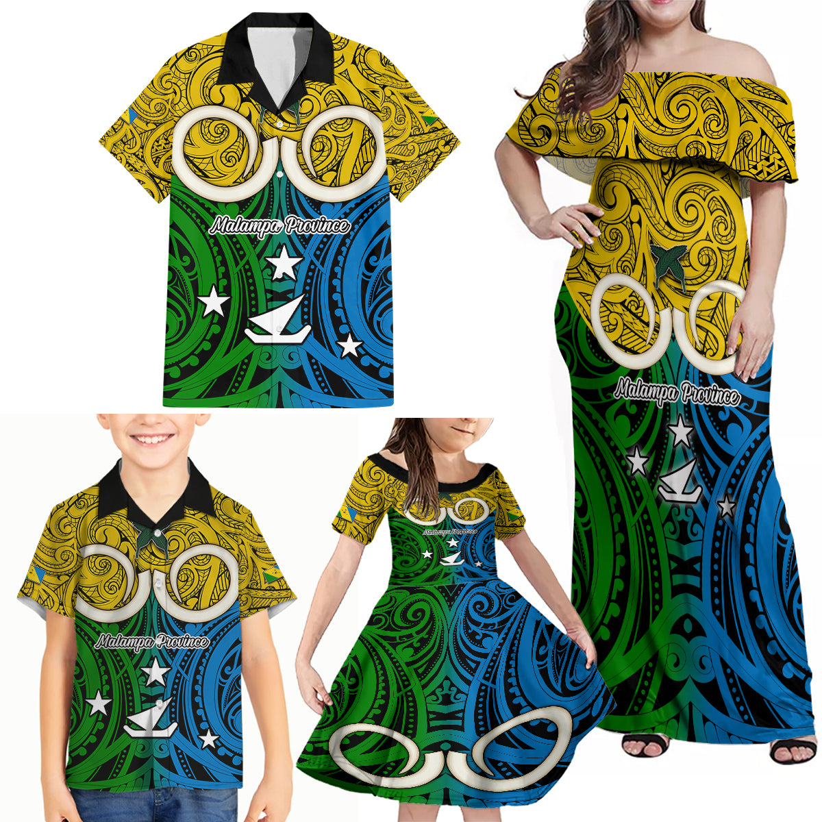 Vanuatu Malampa Province Family Matching Off Shoulder Maxi Dress and Hawaiian Shirt Pig Tusk Mix Maori Pattern and Namele Leaf LT03 - Polynesian Pride