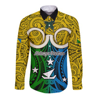 Vanuatu Malampa Province Long Sleeve Button Shirt Pig Tusk Mix Maori Pattern and Namele Leaf LT03 Unisex Yellow - Polynesian Pride