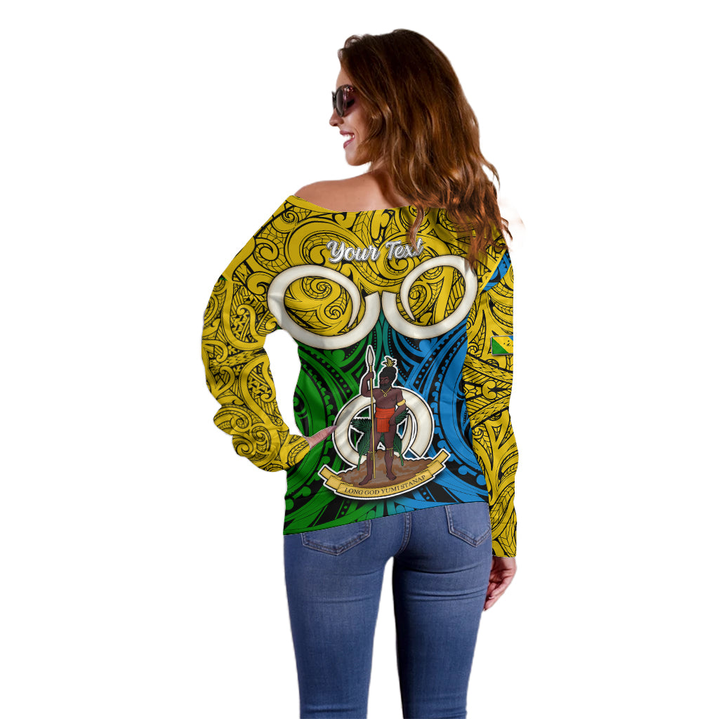 Personalised Vanuatu Malampa Province Off Shoulder Sweater Pig Tusk Mix Maori Pattern and Namele Leaf LT03 - Polynesian Pride