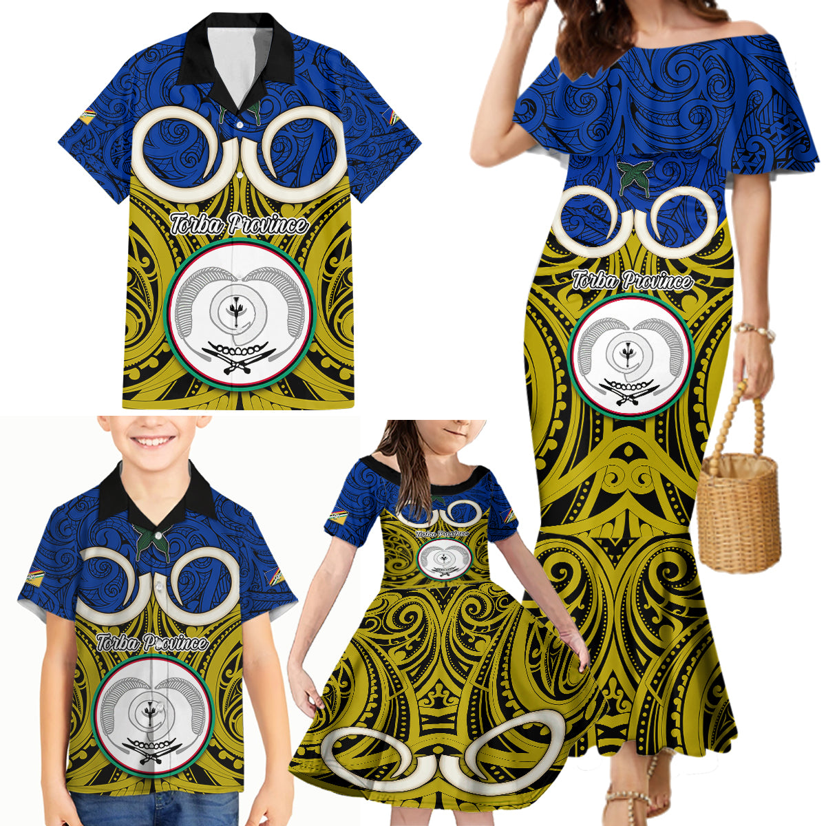 Vanuatu Torba Province Family Matching Mermaid Dress and Hawaiian Shirt Pig Tusk Mix Maori Pattern and Namele Leaf LT03 - Polynesian Pride