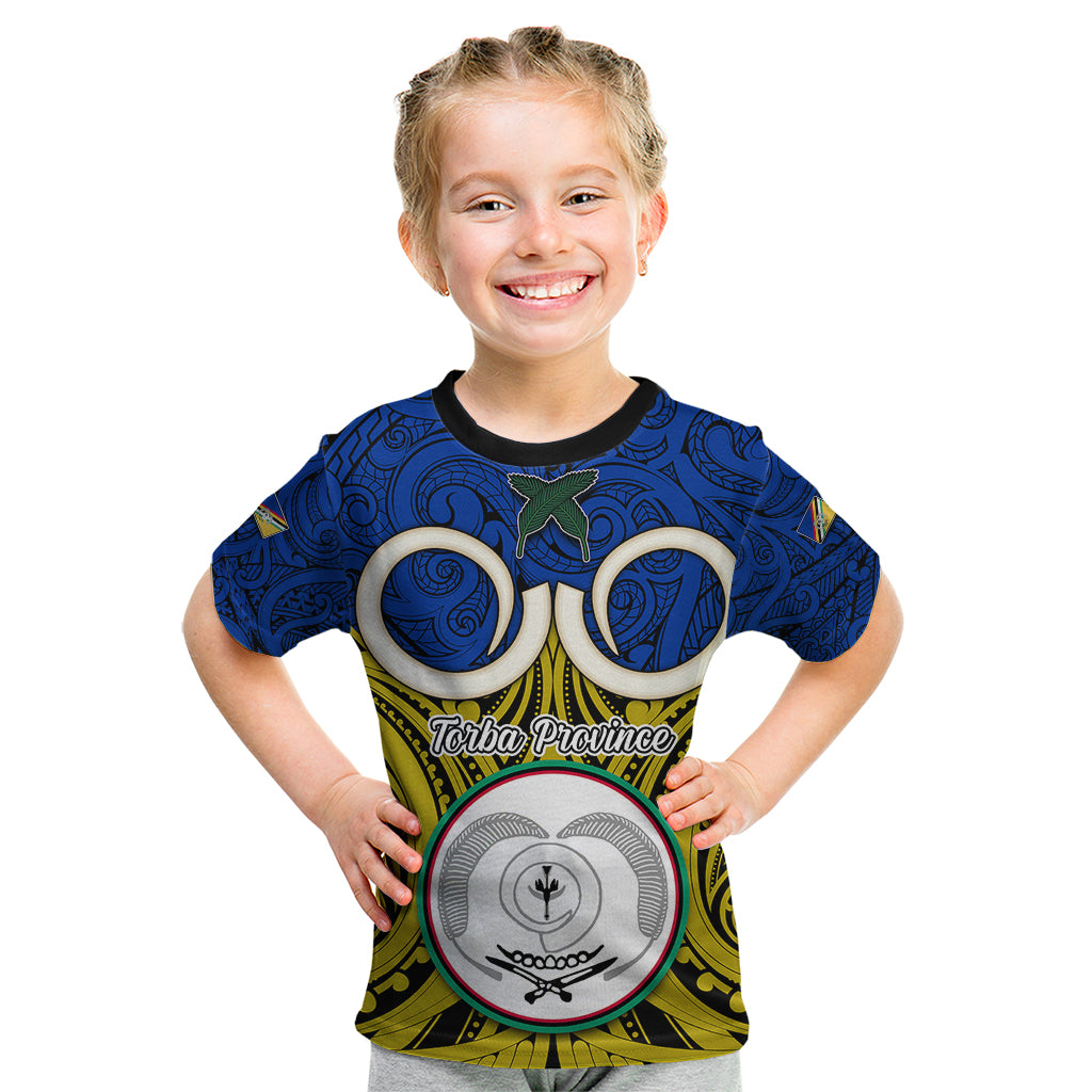 Vanuatu Torba Province Kid T Shirt Pig Tusk Mix Maori Pattern and Namele Leaf LT03 Blue - Polynesian Pride