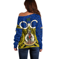 Vanuatu Torba Province Off Shoulder Sweater Pig Tusk Mix Maori Pattern and Namele Leaf LT03 - Polynesian Pride