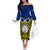 Vanuatu Torba Province Off The Shoulder Long Sleeve Dress Pig Tusk Mix Maori Pattern and Namele Leaf LT03 Women Blue - Polynesian Pride