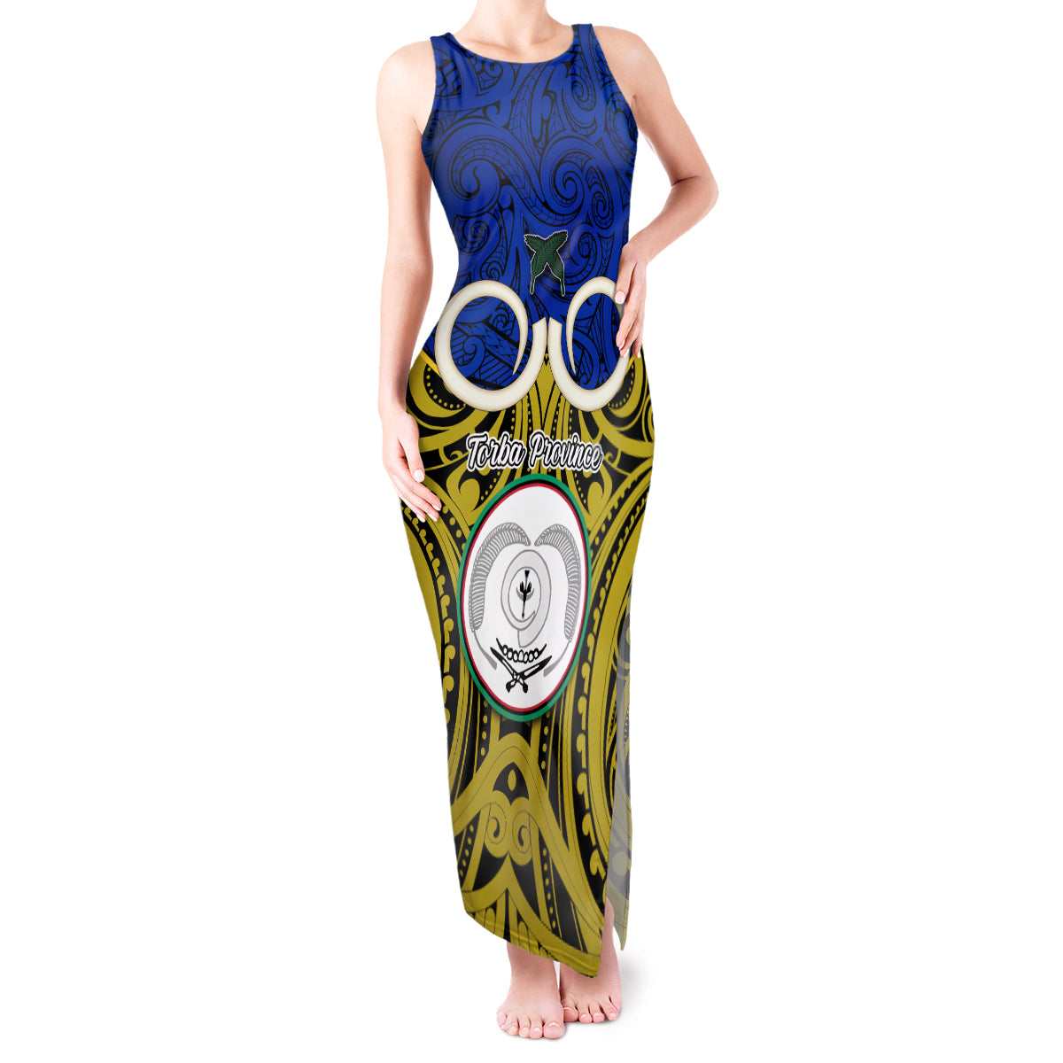 Vanuatu Torba Province Tank Maxi Dress Pig Tusk Mix Maori Pattern and Namele Leaf LT03 Women Blue - Polynesian Pride