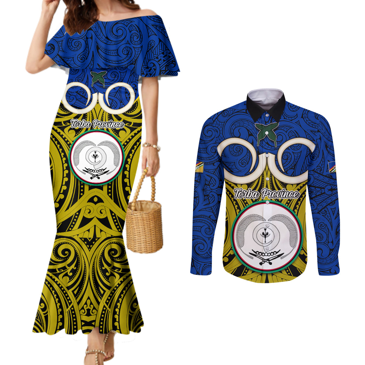 Personalised Vanuatu Torba Province Couples Matching Mermaid Dress and Long Sleeve Button Shirts Pig Tusk Mix Maori Pattern and Namele Leaf LT03 Blue - Polynesian Pride