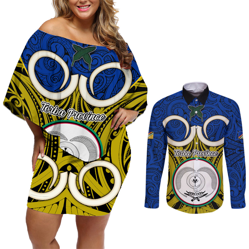 Personalised Vanuatu Torba Province Couples Matching Off Shoulder Short Dress and Long Sleeve Button Shirts Pig Tusk Mix Maori Pattern and Namele Leaf LT03 Blue - Polynesian Pride