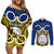 Personalised Vanuatu Torba Province Couples Matching Off Shoulder Short Dress and Long Sleeve Button Shirts Pig Tusk Mix Maori Pattern and Namele Leaf LT03 Blue - Polynesian Pride