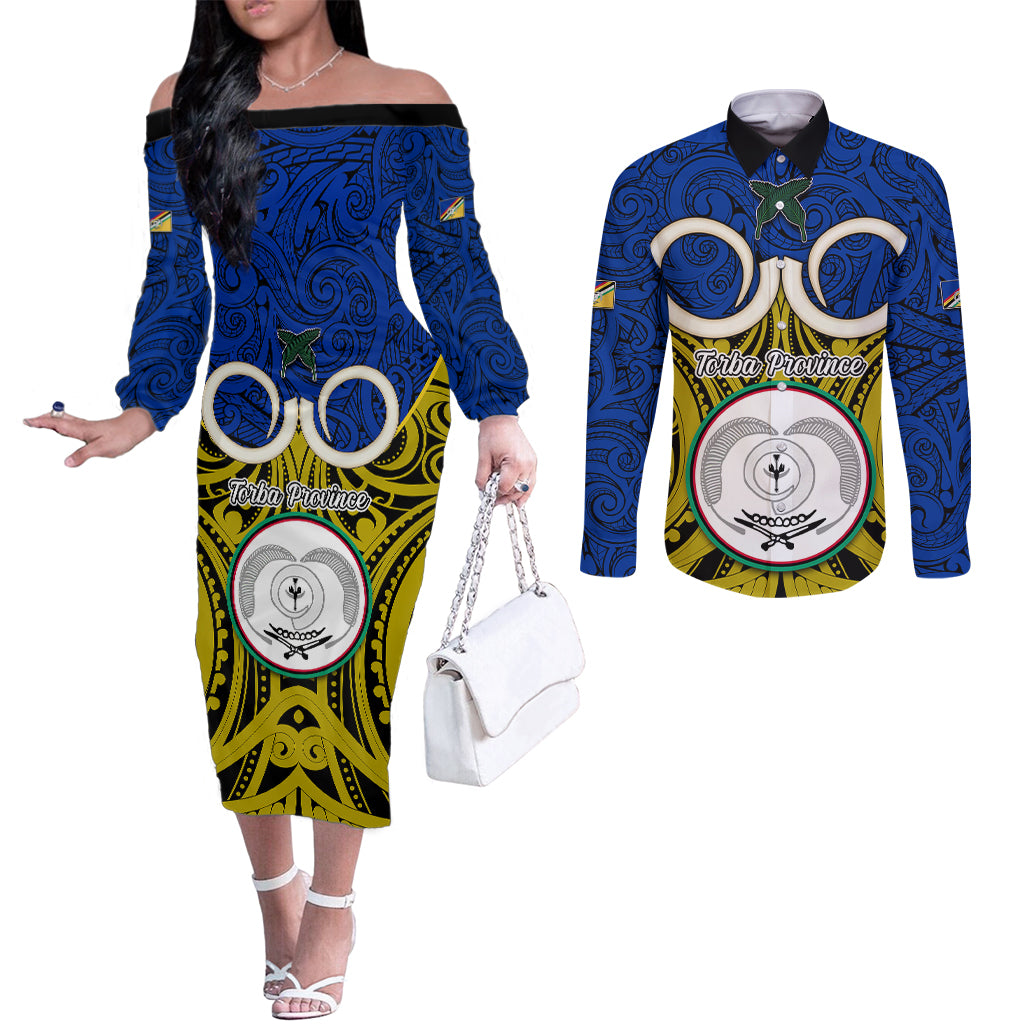 Personalised Vanuatu Torba Province Couples Matching Off The Shoulder Long Sleeve Dress and Long Sleeve Button Shirts Pig Tusk Mix Maori Pattern and Namele Leaf LT03 Blue - Polynesian Pride