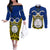 Personalised Vanuatu Torba Province Couples Matching Off The Shoulder Long Sleeve Dress and Long Sleeve Button Shirts Pig Tusk Mix Maori Pattern and Namele Leaf LT03 Blue - Polynesian Pride