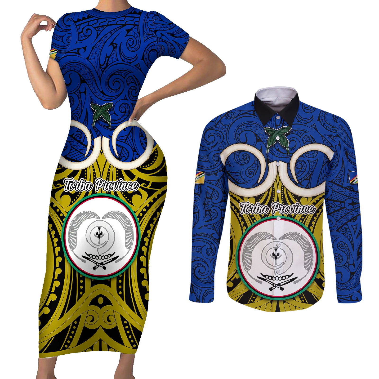 Personalised Vanuatu Torba Province Couples Matching Short Sleeve Bodycon Dress and Long Sleeve Button Shirts Pig Tusk Mix Maori Pattern and Namele Leaf LT03 Blue - Polynesian Pride