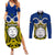 Personalised Vanuatu Torba Province Couples Matching Summer Maxi Dress and Long Sleeve Button Shirts Pig Tusk Mix Maori Pattern and Namele Leaf LT03 Blue - Polynesian Pride