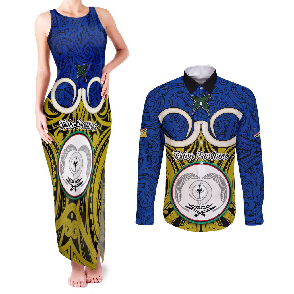 Personalised Vanuatu Torba Province Couples Matching Tank Maxi Dress and Long Sleeve Button Shirts Pig Tusk Mix Maori Pattern and Namele Leaf LT03 Blue - Polynesian Pride