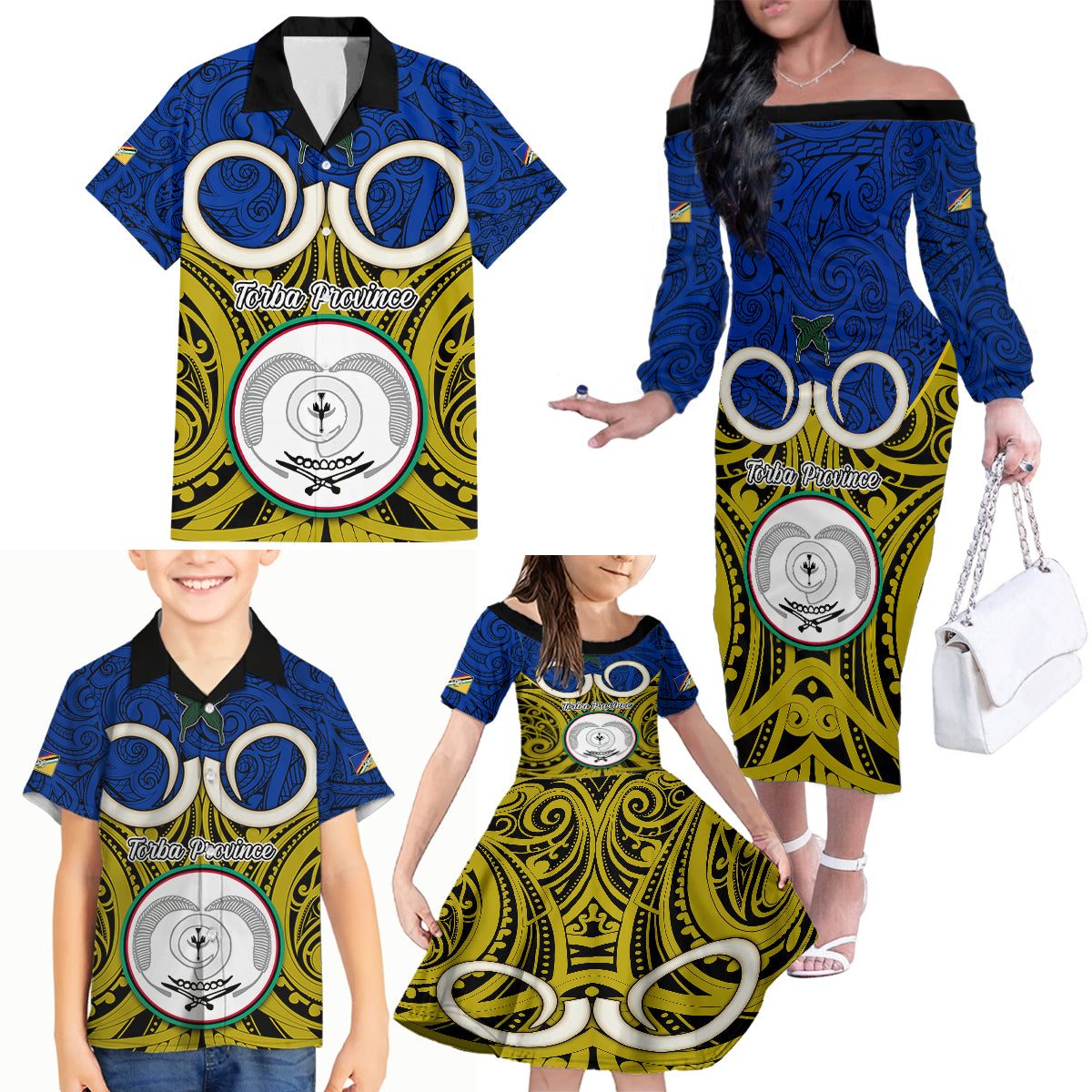 Personalised Vanuatu Torba Province Family Matching Off Shoulder Long Sleeve Dress and Hawaiian Shirt Pig Tusk Mix Maori Pattern and Namele Leaf LT03 - Polynesian Pride