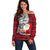 French Polynesia Christmas Off Shoulder Sweater Santa Hold Seal with Polynesian Tribal Tattoo LT03 Women Red - Polynesian Pride