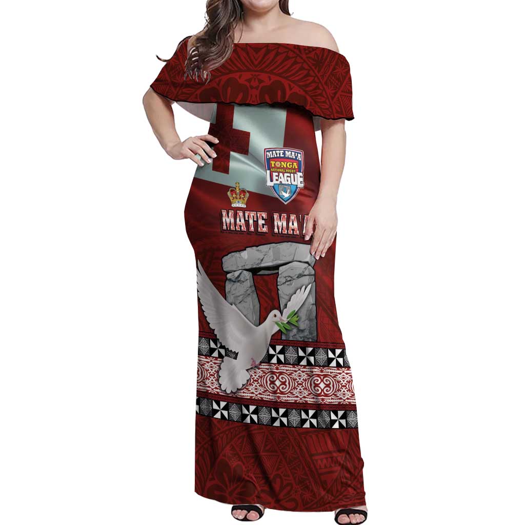Mate Ma'a Tonga Off Shoulder Maxi Dress Haamonga a Maui and White Dove - Tongan Kupesi Ngatu LT03 Women Red - Polynesian Pride