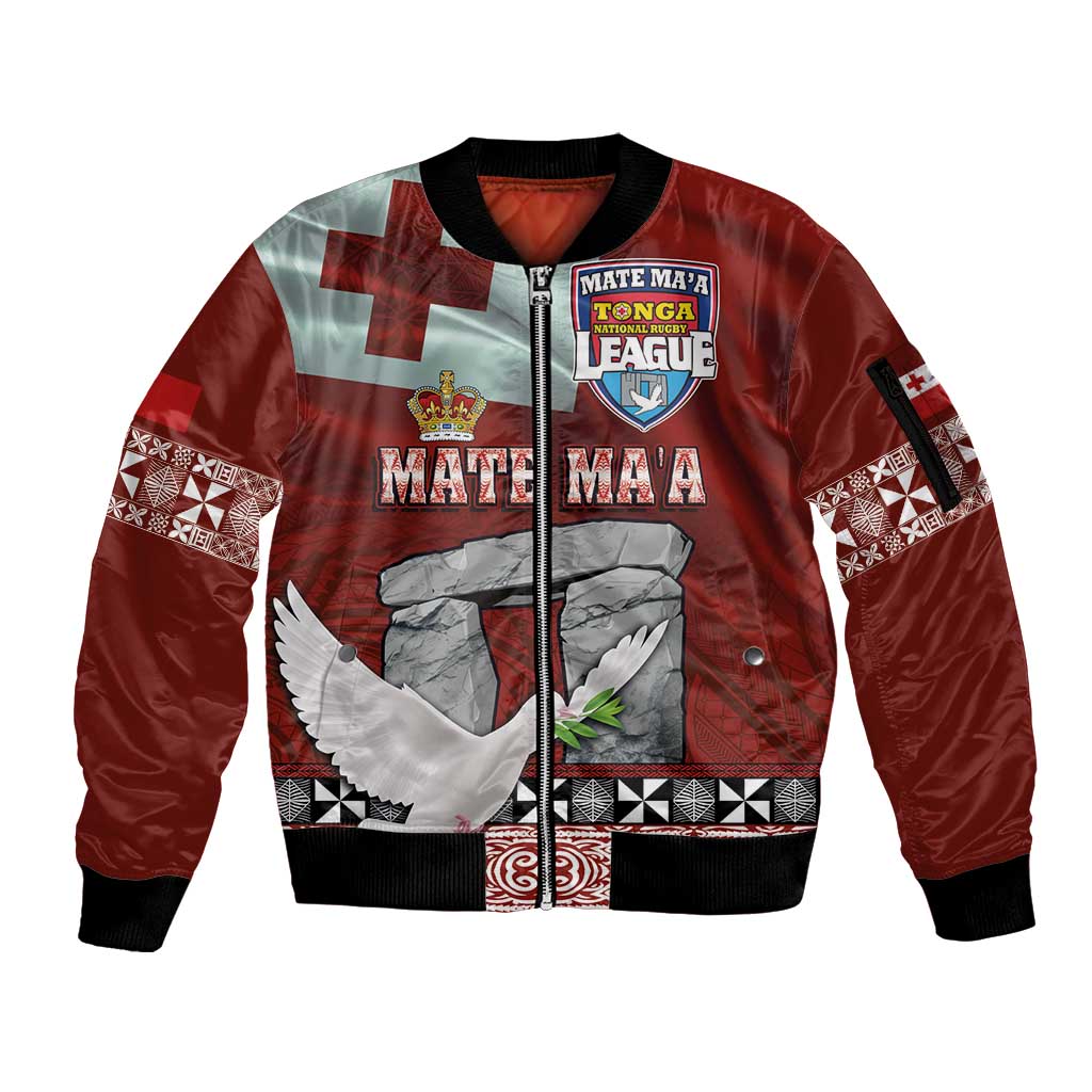 Mate Ma'a Tonga Sleeve Zip Bomber Jacket Haamonga a Maui and White Dove - Tongan Kupesi Ngatu LT03 Unisex Red - Polynesian Pride
