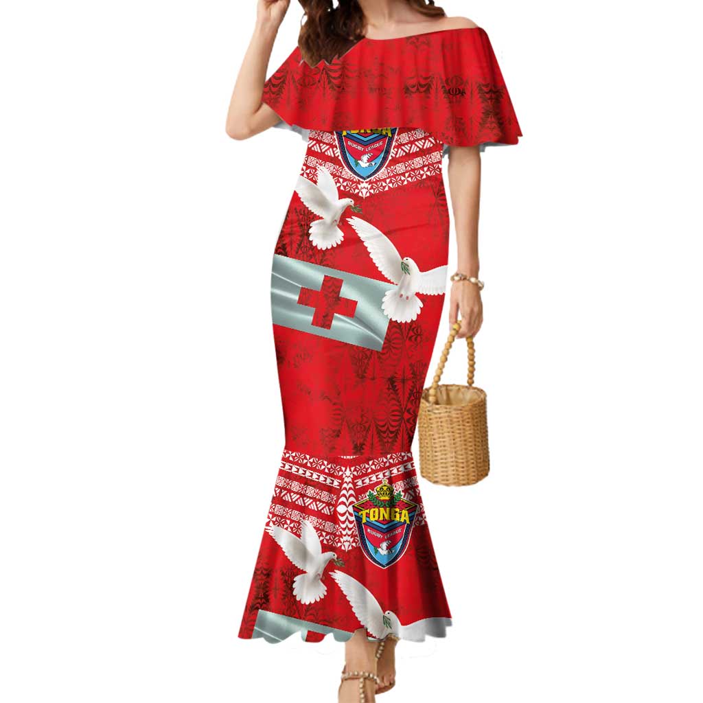 Mate Ma'a Tonga Mermaid Dress Double White Dove and Kupesi Ngatu Art Tattoo LT03 Women Red - Polynesian Pride