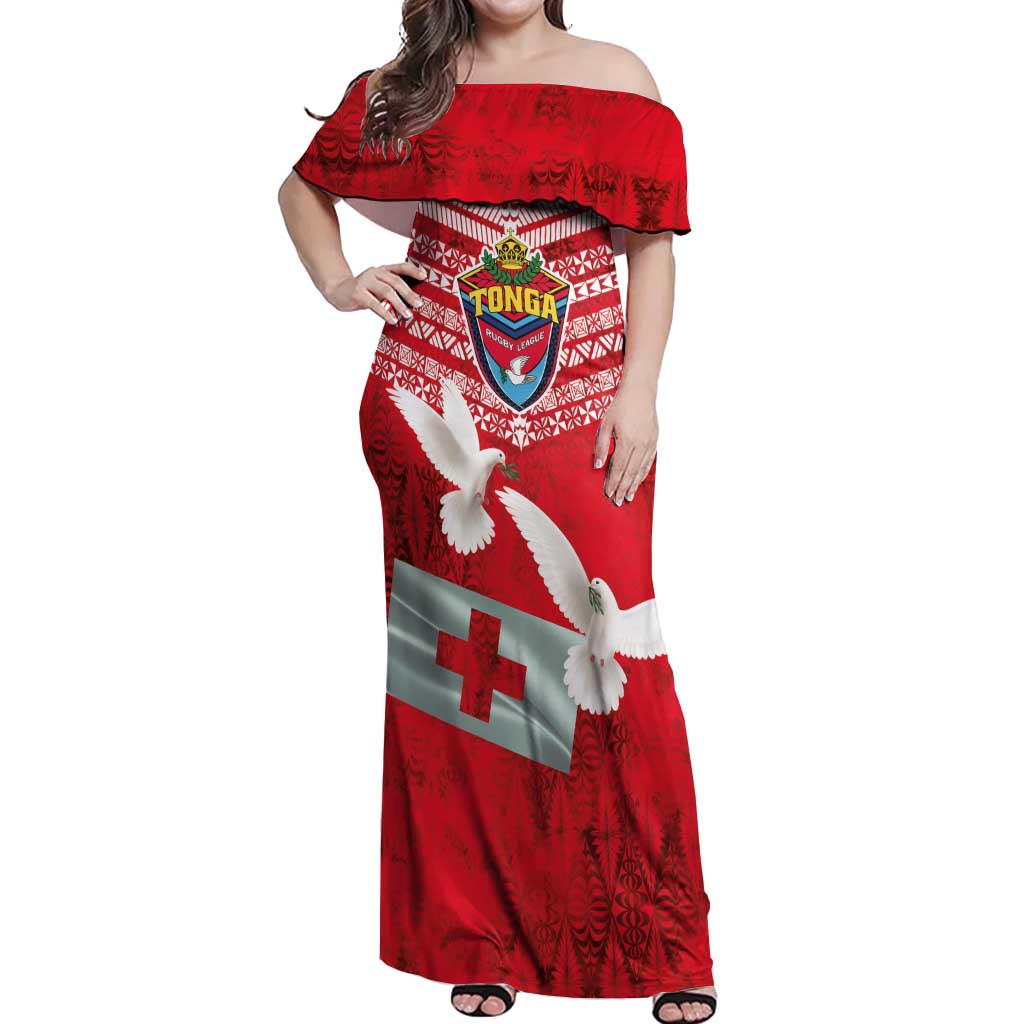 Mate Ma'a Tonga Off Shoulder Maxi Dress Double White Dove and Kupesi Ngatu Art Tattoo LT03 Women Red - Polynesian Pride