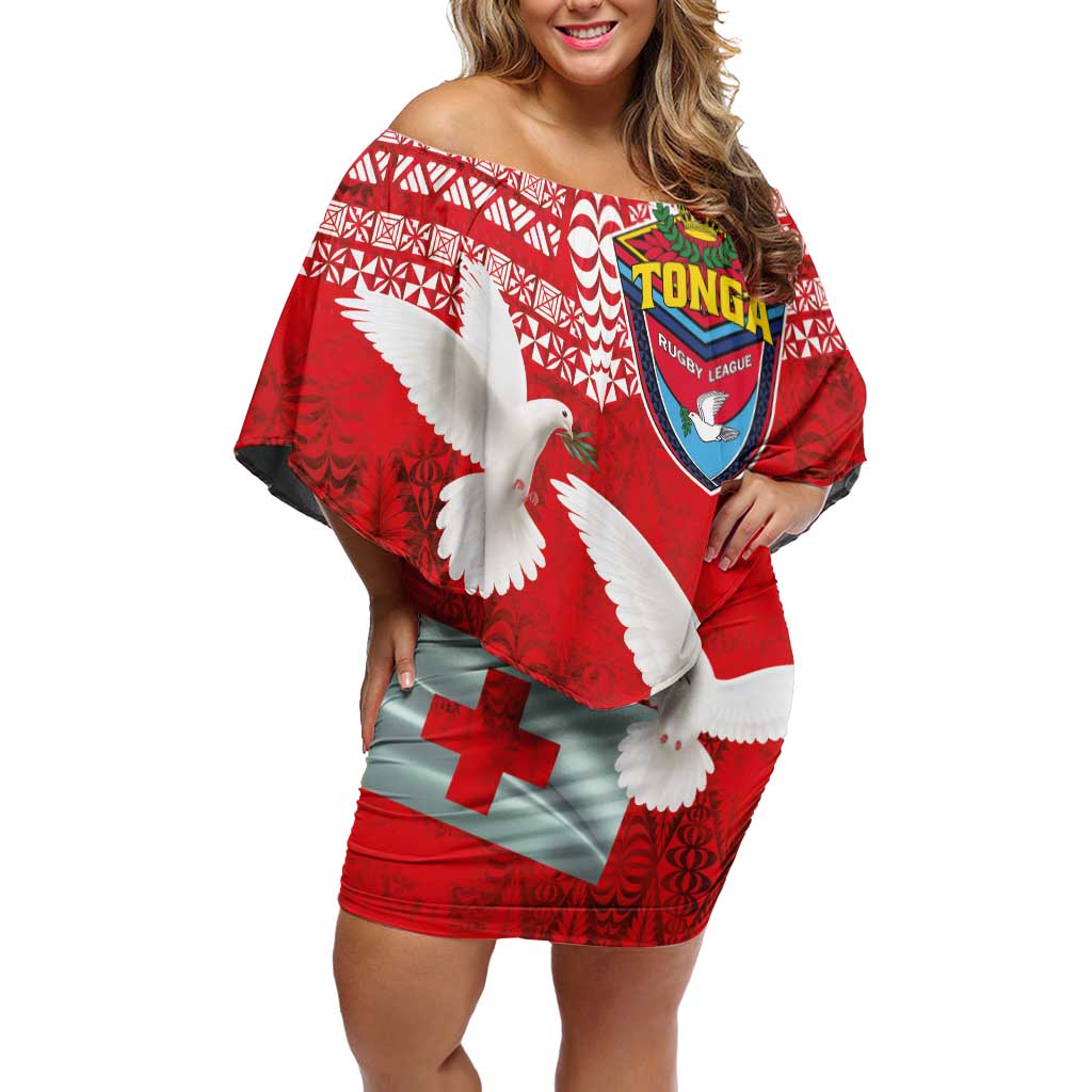 Mate Ma'a Tonga Off Shoulder Short Dress Double White Dove and Kupesi Ngatu Art Tattoo LT03 Women Red - Polynesian Pride