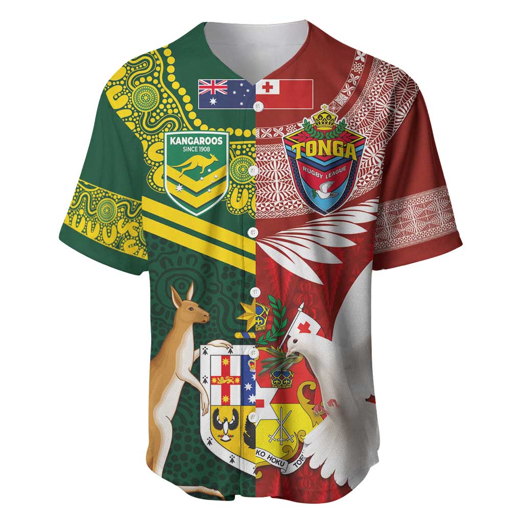 Custom Mate Ma'a Tonga and Australia Kangaroo Baseball Jersey Nation Seal with Mascot Aboriginal and Tongan Kupesi Ngatu Art LT03 Red - Polynesian Pride