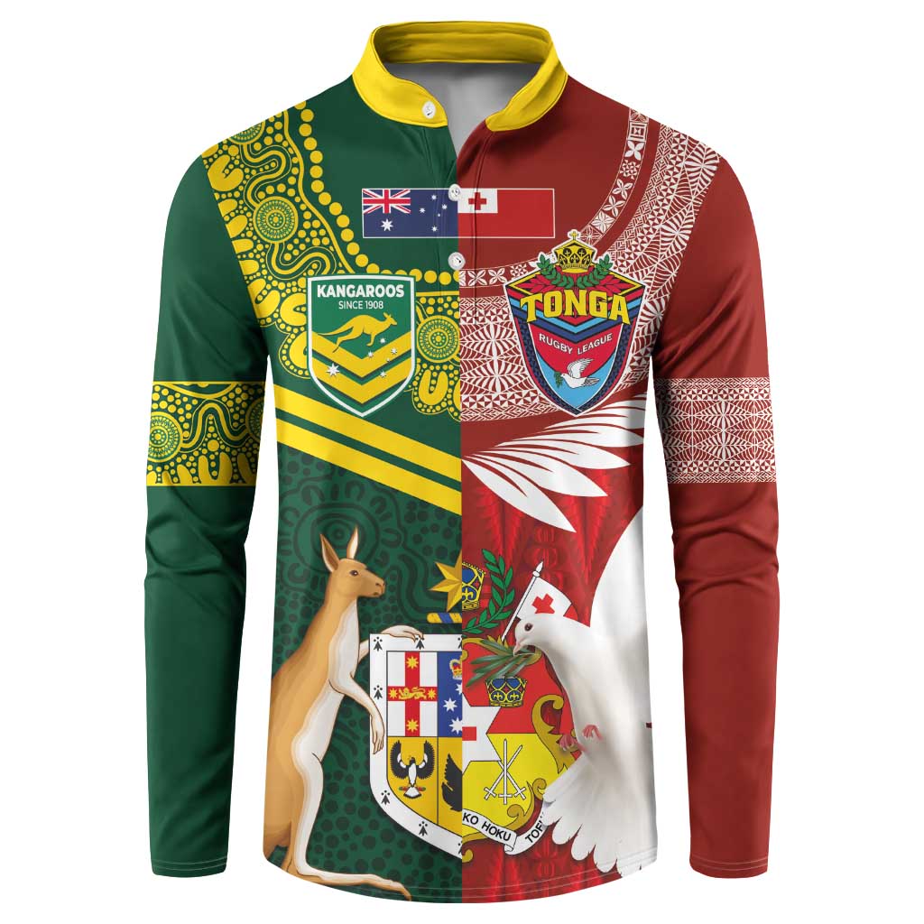 Custom Mate Ma'a Tonga and Australia Kangaroo Button Sweatshirt Nation Seal with Mascot Aboriginal and Tongan Kupesi Ngatu Art LT03 Red - Polynesian Pride
