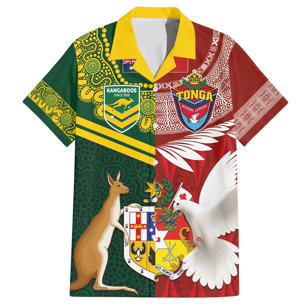 Custom Mate Ma'a Tonga and Australia Kangaroo Hawaiian Shirt Nation Seal with Mascot Aboriginal and Tongan Kupesi Ngatu Art LT03 Red - Polynesian Pride