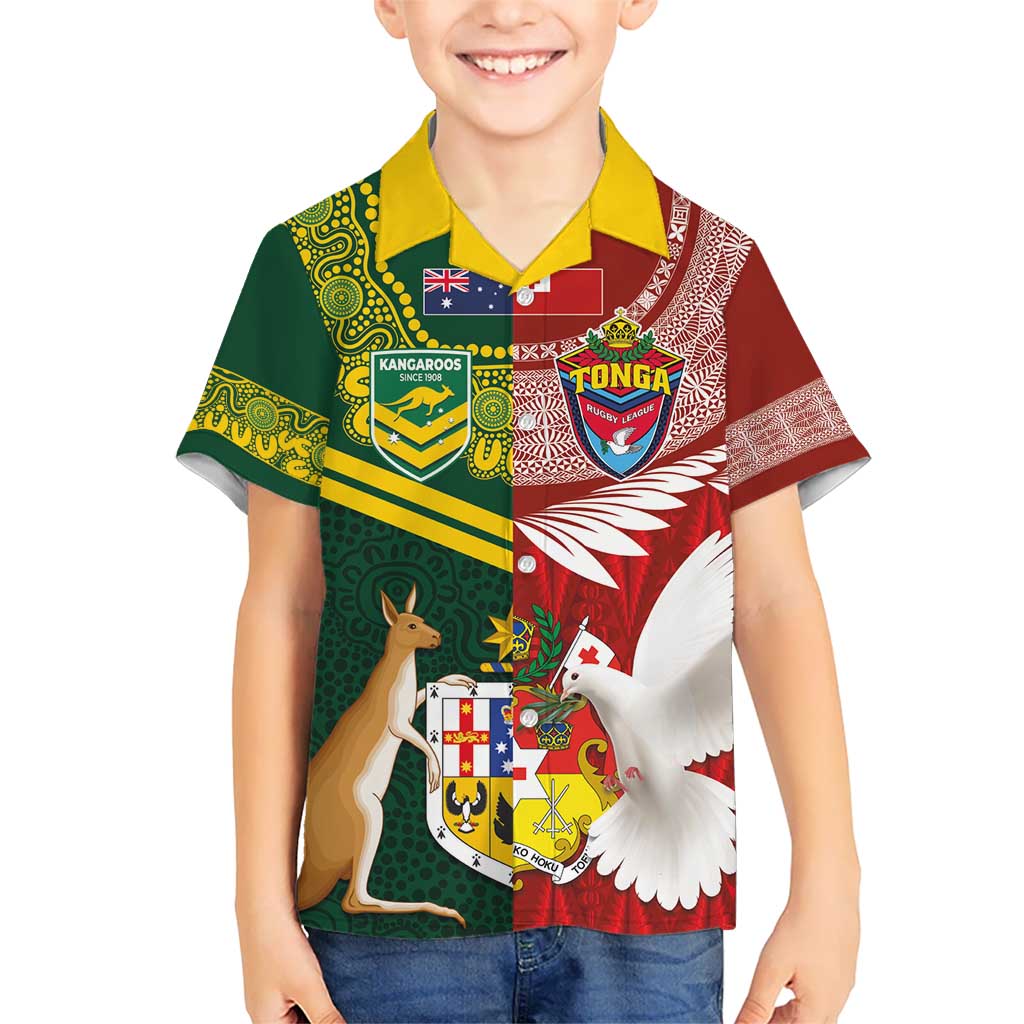 Custom Mate Ma'a Tonga and Australia Kangaroo Kid Hawaiian Shirt Nation Seal with Mascot Aboriginal and Tongan Kupesi Ngatu Art LT03 Kid Red - Polynesian Pride