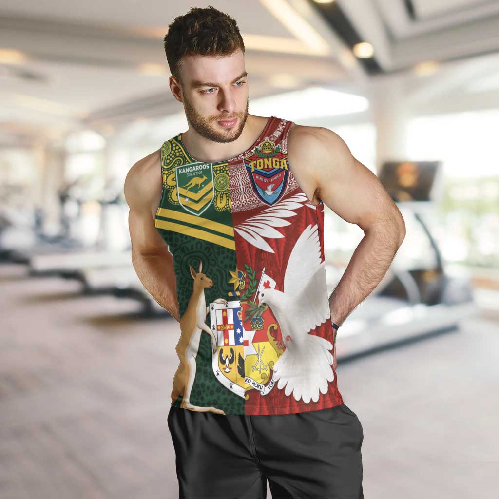Custom Mate Ma'a Tonga and Australia Kangaroo Men Tank Top Nation Seal with Mascot Aboriginal and Tongan Kupesi Ngatu Art LT03 Red - Polynesian Pride