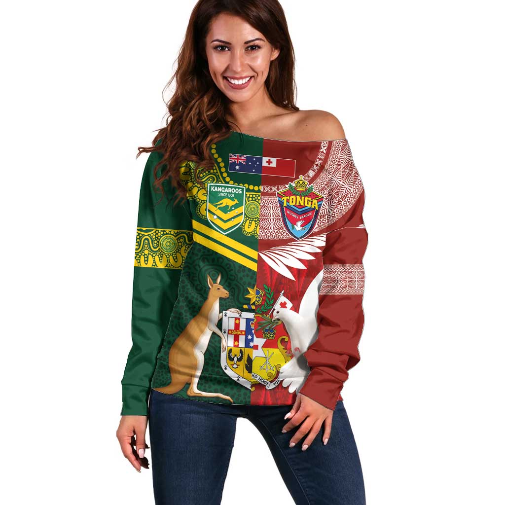 Custom Mate Ma'a Tonga and Australia Kangaroo Off Shoulder Sweater Nation Seal with Mascot Aboriginal and Tongan Kupesi Ngatu Art LT03 Women Red - Polynesian Pride
