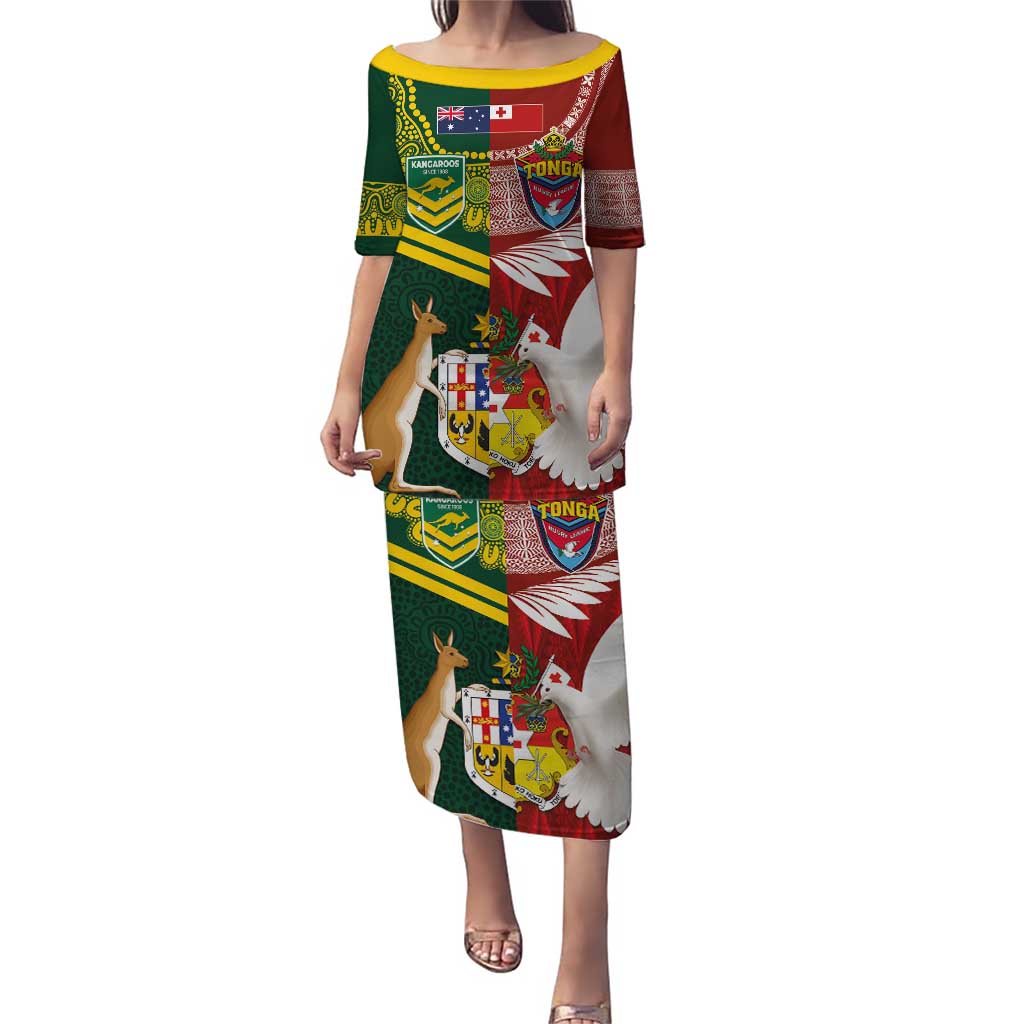 Custom Mate Ma'a Tonga and Australia Kangaroo Puletasi Nation Seal with Mascot Aboriginal and Tongan Kupesi Ngatu Art LT03 Long Dress Red - Polynesian Pride
