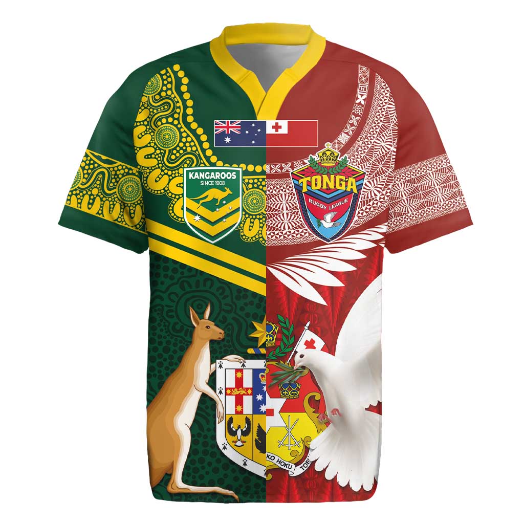 Custom Mate Ma'a Tonga and Australia Kangaroo Rugby Jersey Nation Seal with Mascot Aboriginal and Tongan Kupesi Ngatu Art LT03 Red - Polynesian Pride