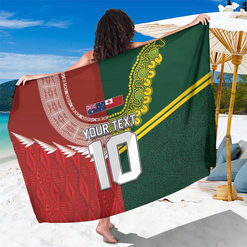 Custom Mate Ma'a Tonga and Australia Kangaroo Sarong Nation Seal with Mascot Aboriginal and Tongan Kupesi Ngatu Art LT03 One Size 44 x 66 inches Red - Polynesian Pride