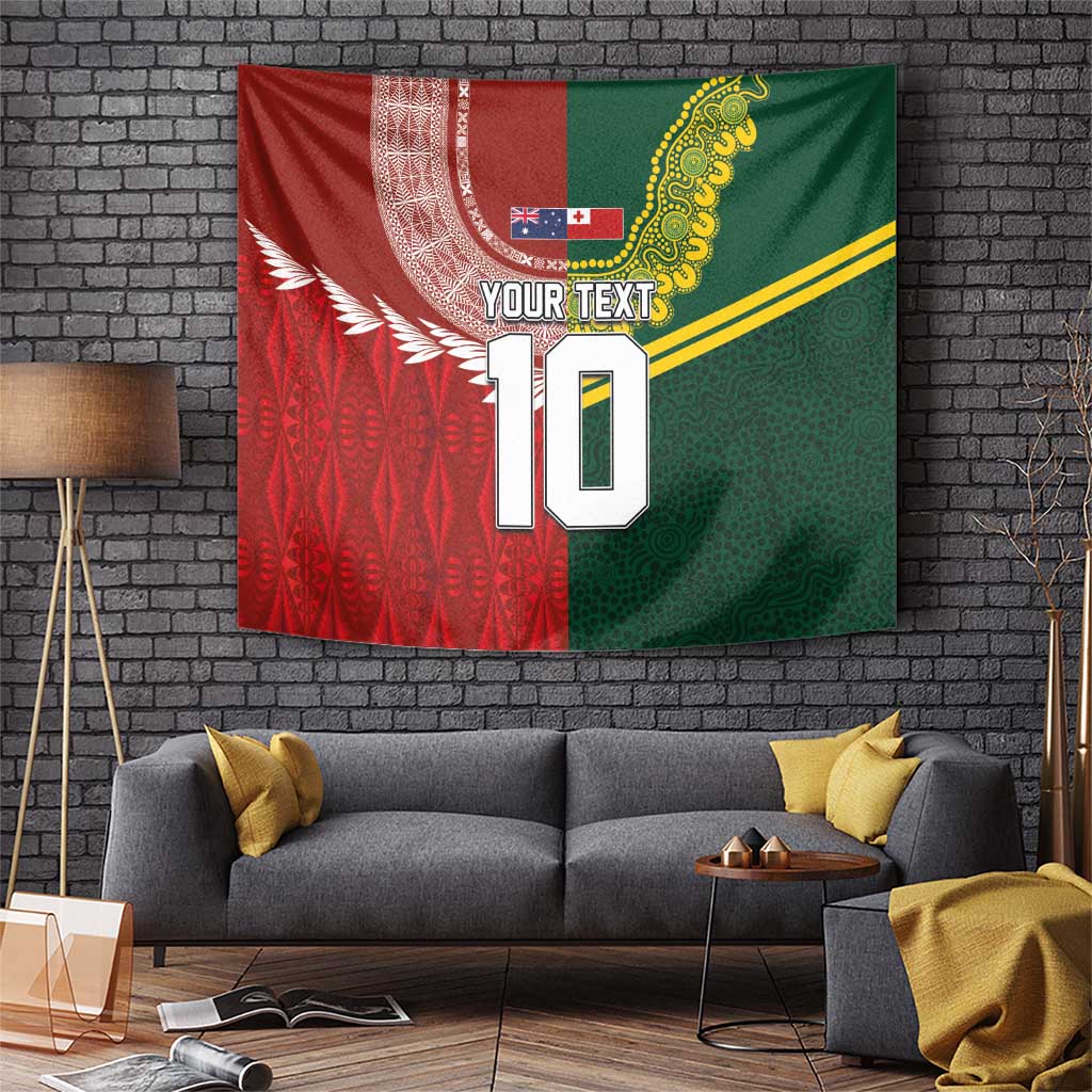 Custom Mate Ma'a Tonga and Australia Kangaroo Tapestry Nation Seal with Mascot Aboriginal and Tongan Kupesi Ngatu Art LT03 Red - Polynesian Pride