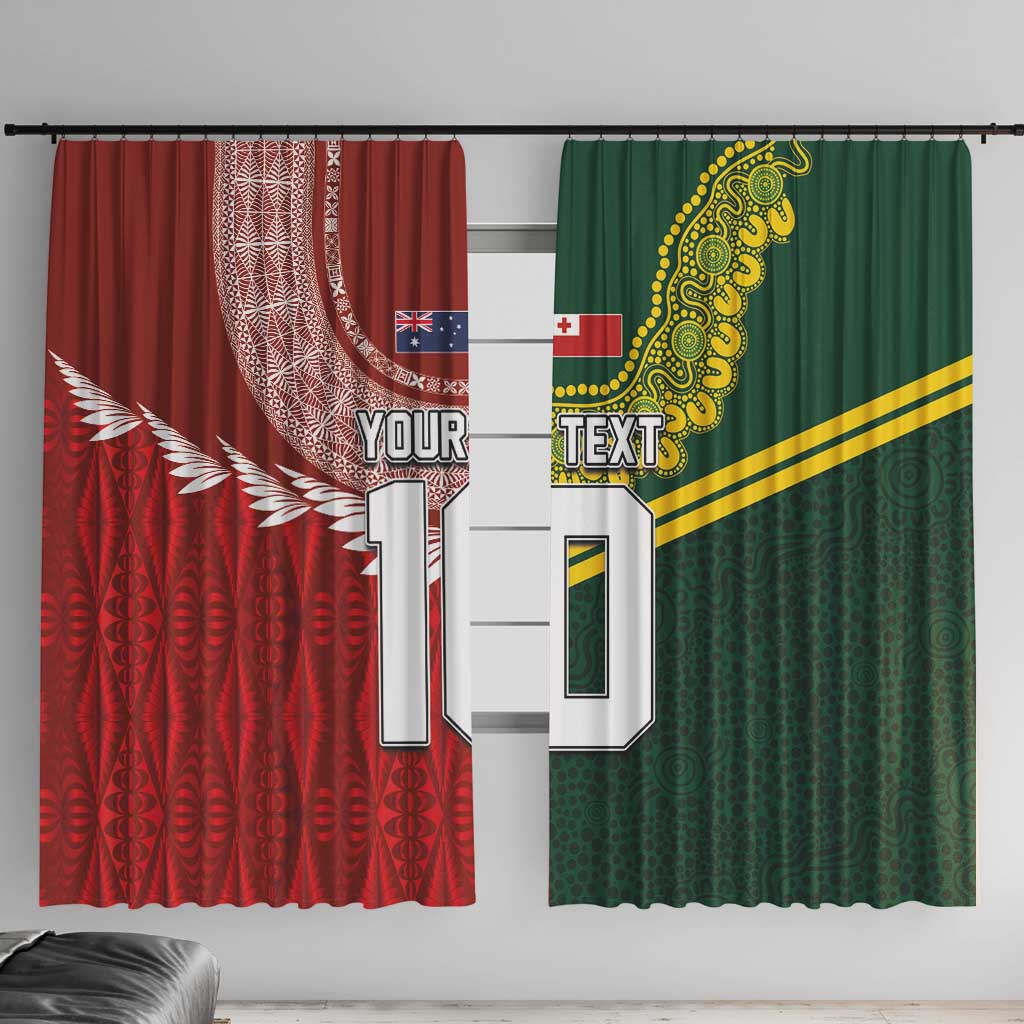 Custom Mate Ma'a Tonga and Australia Kangaroo Window Curtain Nation Seal with Mascot Aboriginal and Tongan Kupesi Ngatu Art LT03 With Hooks Red - Polynesian Pride