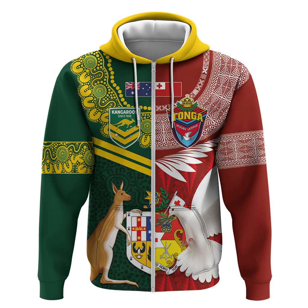 Custom Mate Ma'a Tonga and Australia Kangaroo Zip Hoodie Nation Seal with Mascot Aboriginal and Tongan Kupesi Ngatu Art LT03 Zip Hoodie Red - Polynesian Pride