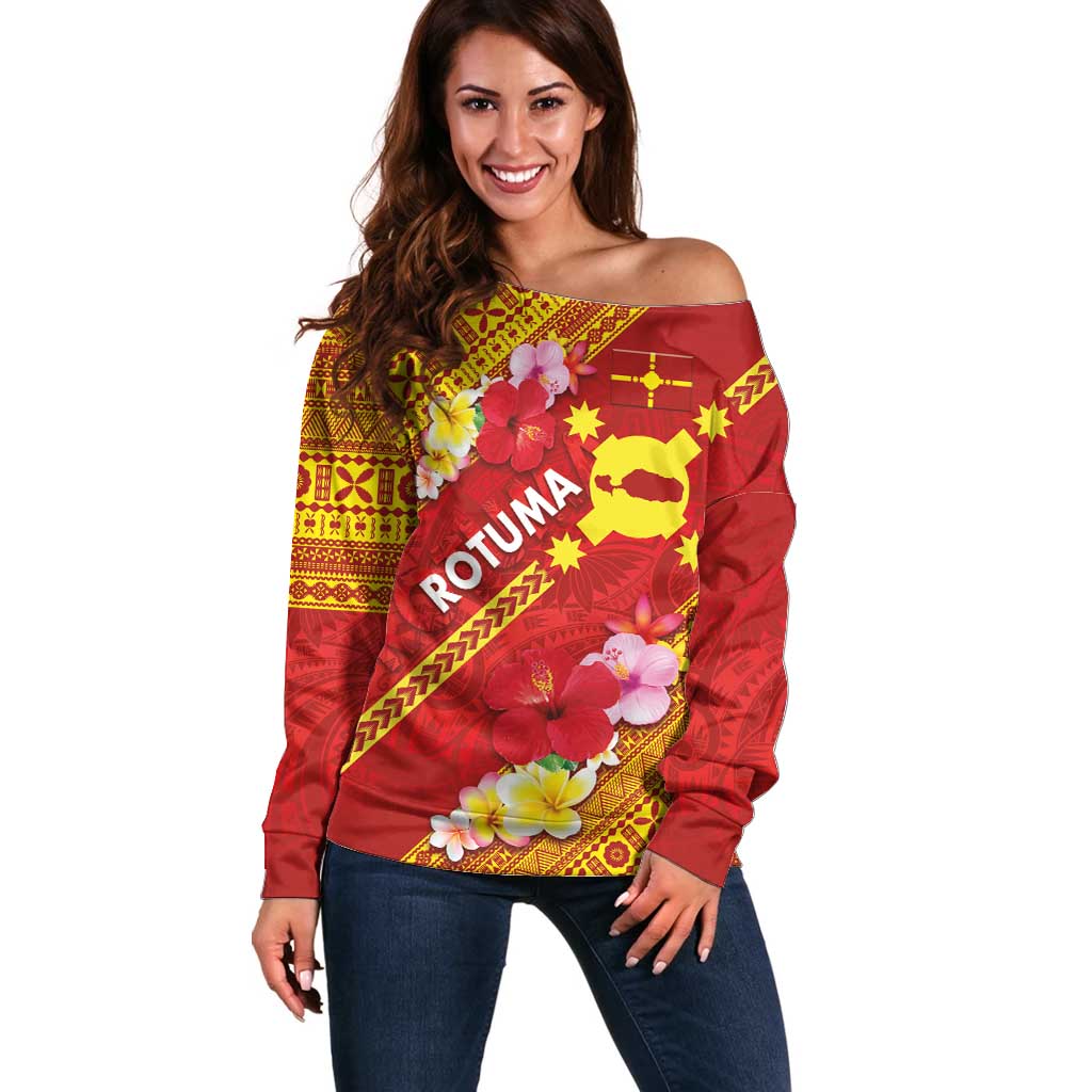 Rotuma Island Off Shoulder Sweater Fijian Tapa with Polynesian Art and Hibiscus LT03 Women Red - Polynesian Pride