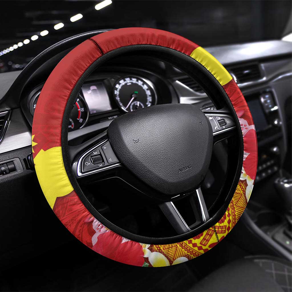 Rotuma Island Steering Wheel Cover Fijian Tapa with Polynesian Art and Hibiscus LT03 Universal Fit Red - Polynesian Pride